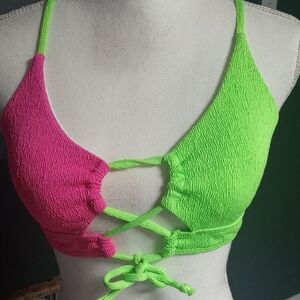 Two-Tone Neon Pink & Neon Green Tie-Front Bikini Top and Bottoms (Black)